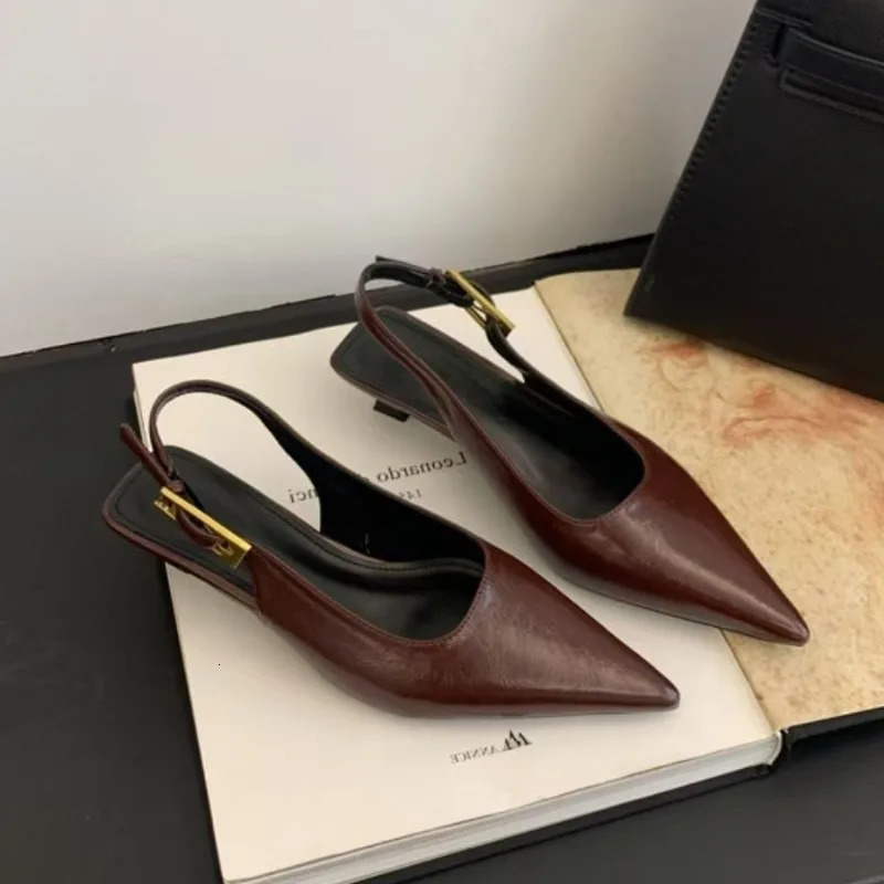 Sexy Pointed Toe Mid Heels Sandals Women Shoes Slingback Summer 2025 Trend Dress Leather Pumps Elegant Party Sandalias Mujer 251231