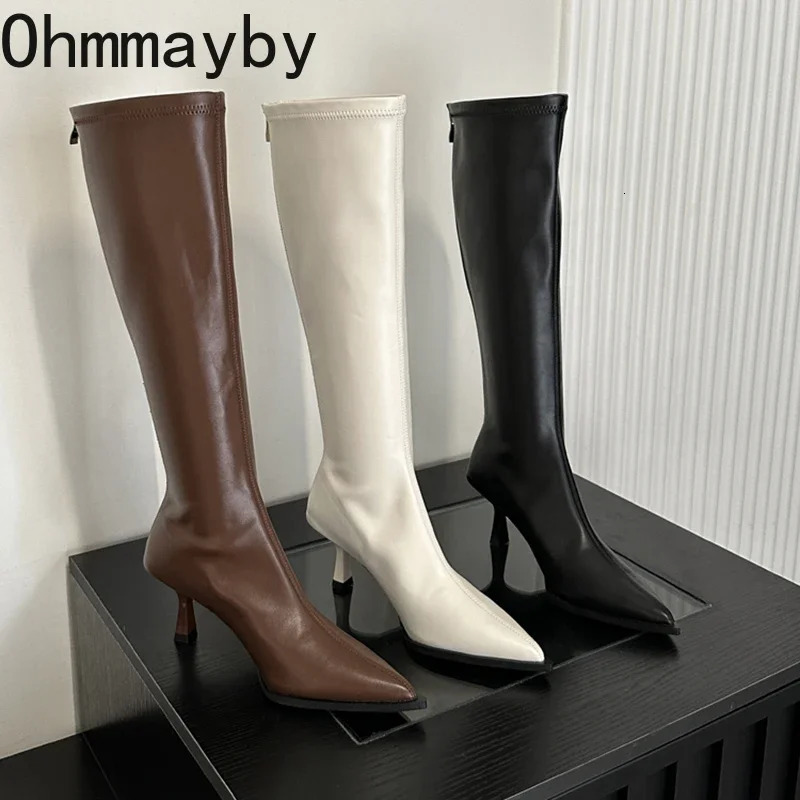 Soft Leather Pointed Toe Knee High Boots High Heels Zipper Women Pumps Ladies Long Stretch Modern Boots 251226