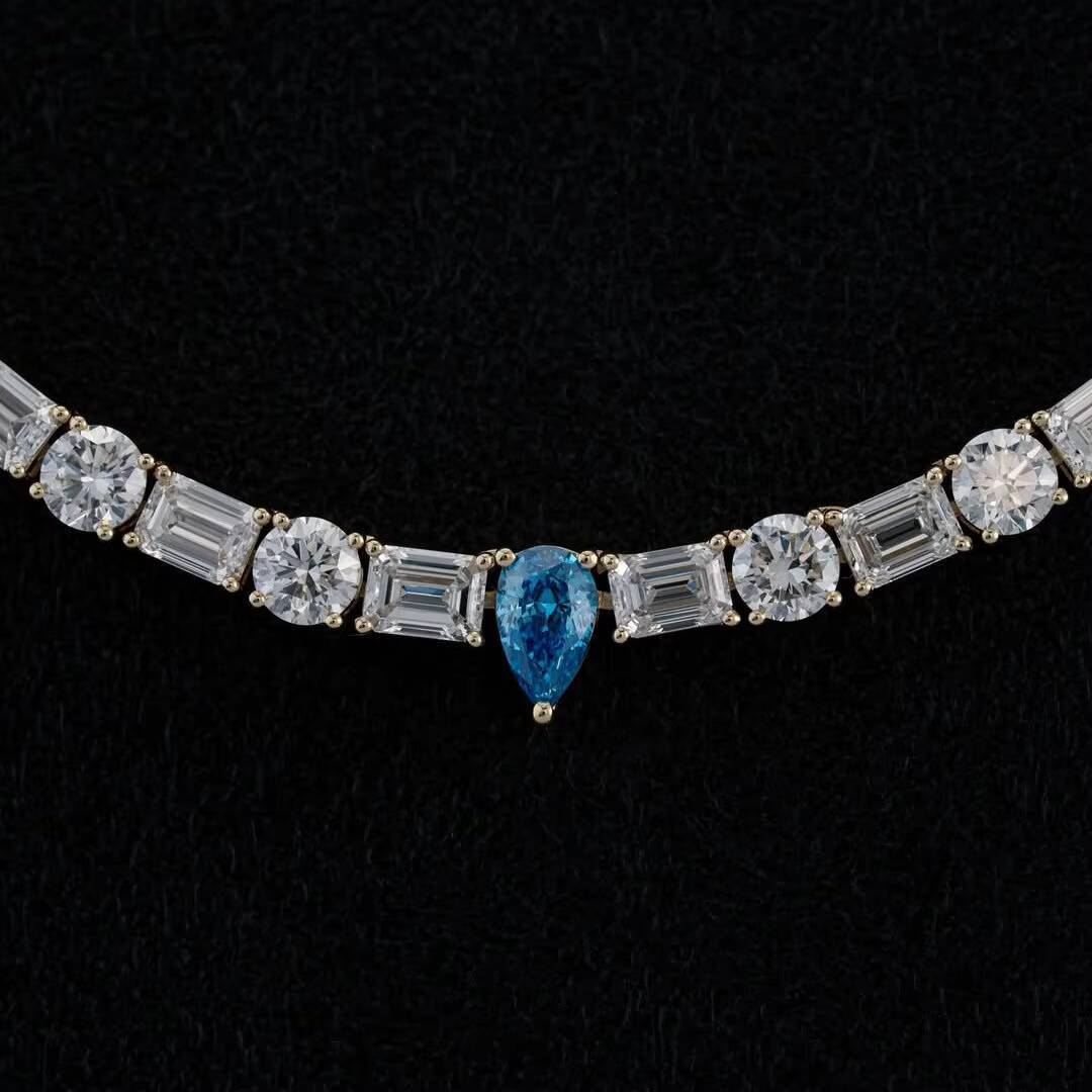 Blue Pear Moissanite Tennis Chain Necklace Round and Baguette Cut 925 Sterling Silver Jewelry for Men and Women