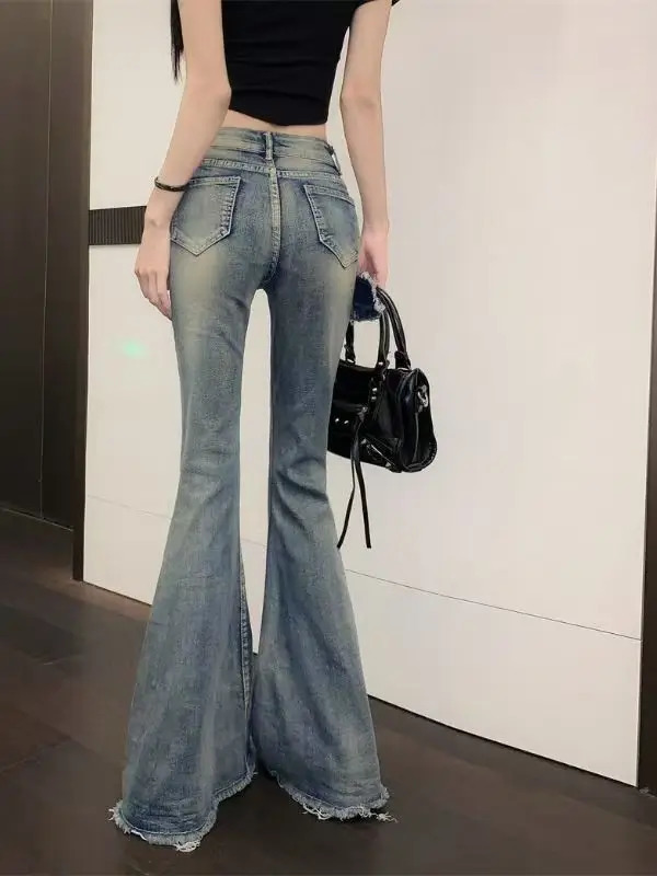 retro micro-flare women jeans ins fashionable streetwear girl style belt bristled slim straight pants 260120