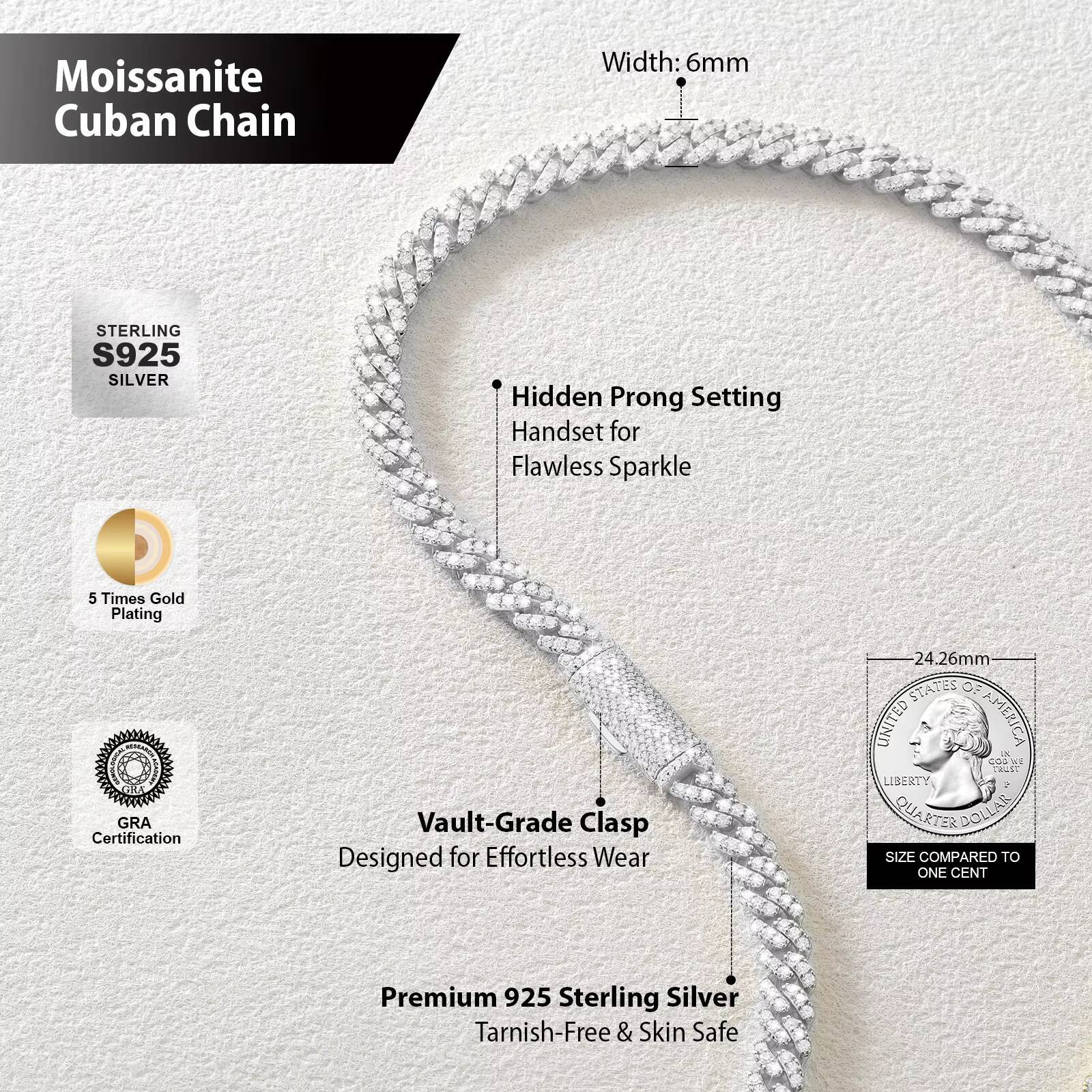 14K Gold Plated 925 Sterling Silver Lab Created Moissanite Diamond 6MM VVS Iced Out Miami Cuban Chain Necklace for Men Women