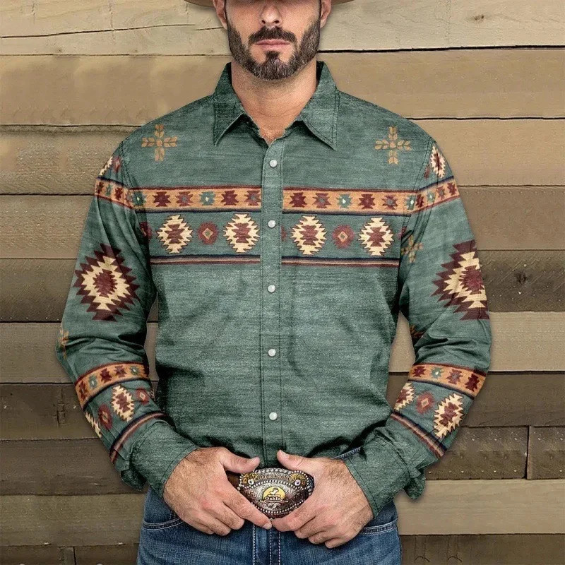 Mens Western Cowboy Style Ethnic Geometric Print Shirt Vintage LongSleeve Lapel Fashion Casual Top Sizes S6XL 251230