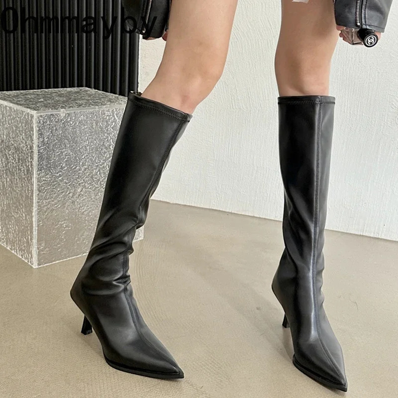 Soft Leather Pointed Toe Knee High Boots High Heels Zipper Women Pumps Ladies Long Stretch Modern Boots 251226