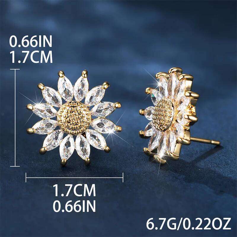 Luxury Female White Crystal Stud Yellow Gold Color Jewelry For Women Charm Round Sunflower Earrings