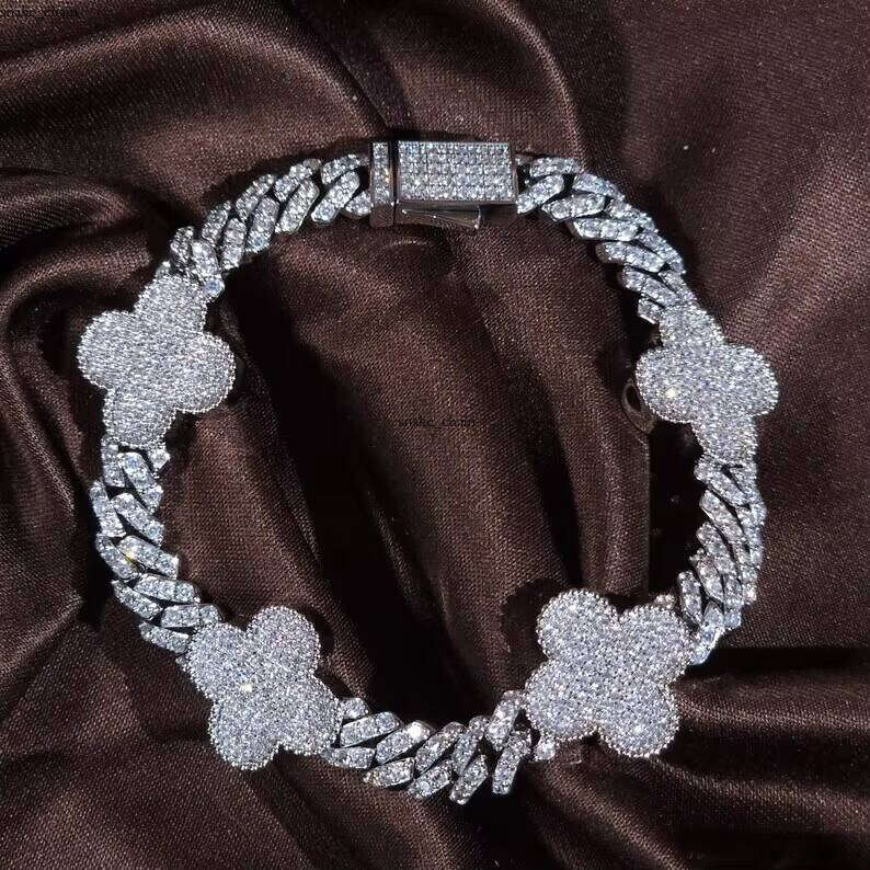 Iced Out Jewelry 10mm VVS Moissanite Cuban Chain Bracelet 925 Sterling Silver Electroplated Women's Bracelet, Hip Hop