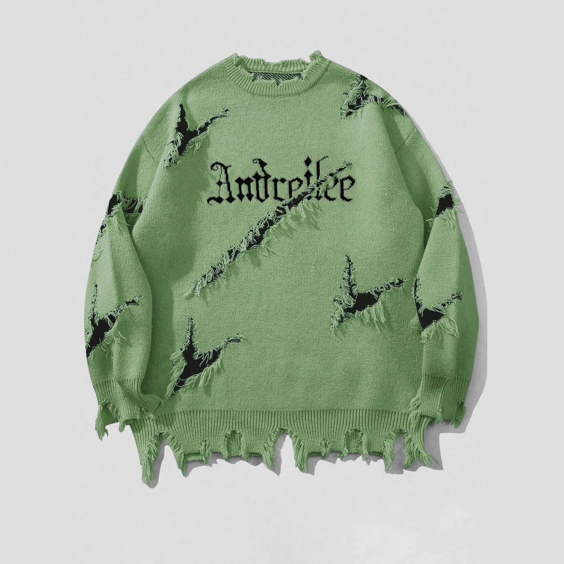 WOZK men's ripped sweater, autumn and winter distressed, letter jacquard knit sweater, top trendy