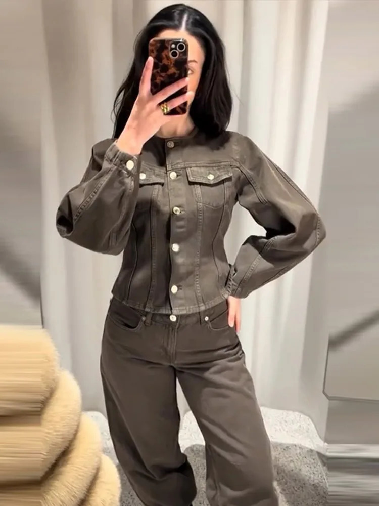 Chic Denim Jacket Long Pant Womans Set Classic Brown Single Breasted Jackets Low Waist Trousers Sets Female Street Outfits 251219 - view 5