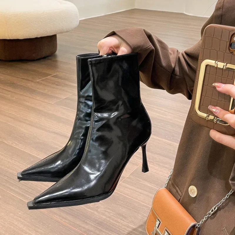Womens Sexy Pointed Toe Ankle Boots Vintage Autumn Fashion High Heels patent leather skinny boots Women Brown Short Booties 251226