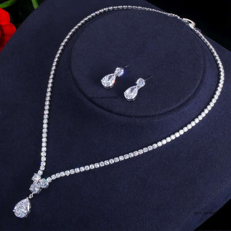 Choucong Original Wedding Jewelry Sets Luxury 18k White Gold Fill Water Drop 5A Cubic Zircon CZ Diamond Party Women Stud Earrings Bridal Tennis Necklace Gift 17