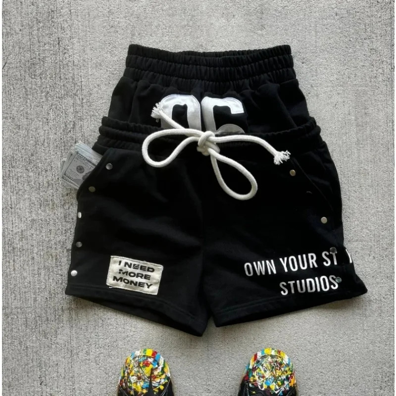 Summer style drawstring double-ended pants American retro washed personalized printed casual shorts trendy retro loose pants 251230