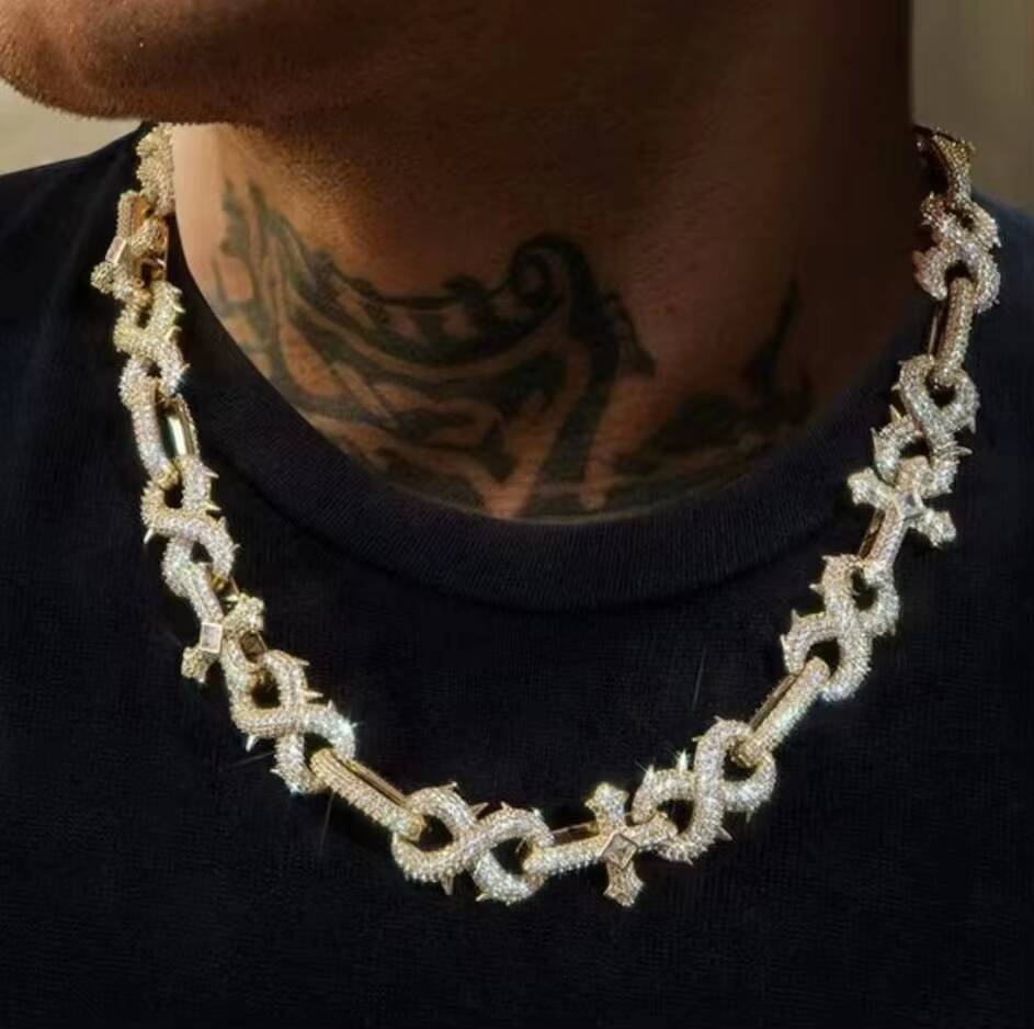 925 Sterling Silver Punk Number 8 Spiked VVS D Color Moissanite Cuban Cross Link Chain Necklace for Certified Bezel Set