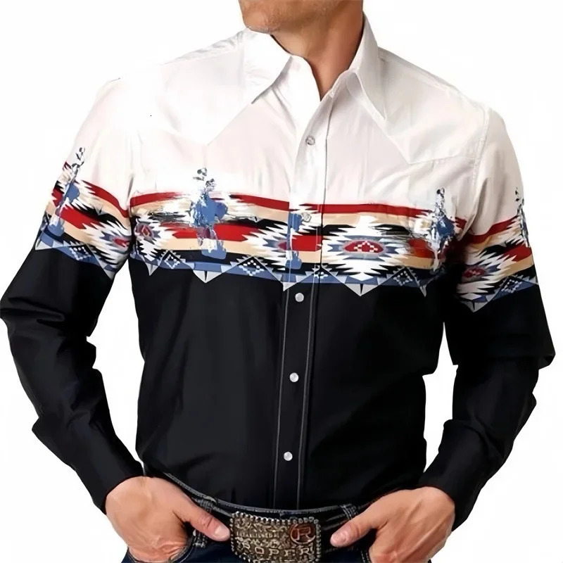 Mens Western Cowboy Style Ethnic Geometric Print Shirt Vintage LongSleeve Lapel Fashion Casual Top Sizes S6XL 251230