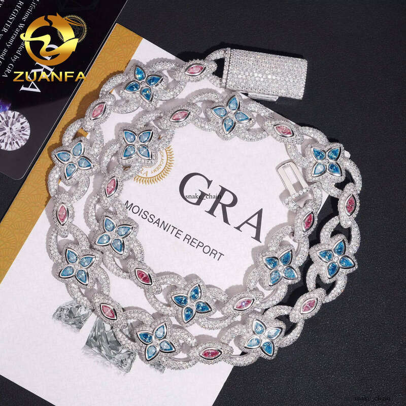 VVS Moissanite Premium Jewelry 925 Sterling Silver Iced Out Hip Hop 20mm Fancy Shape Colorful VVS Diatomaceous Earth Chain Necklace