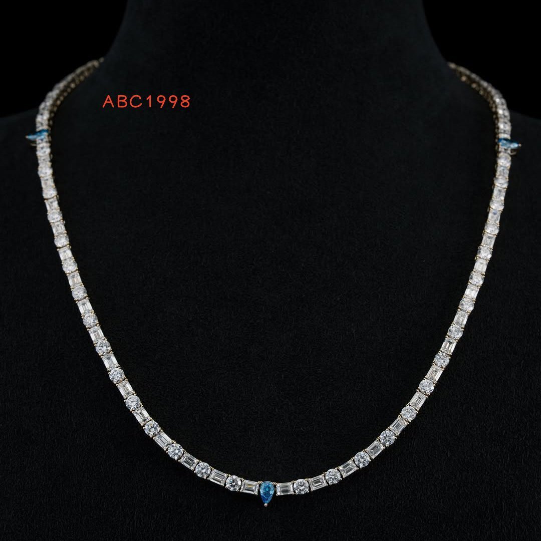 Blue Pear Moissanite Tennis Chain Necklace Round and Baguette Cut 925 Sterling Silver Jewelry for Men and Women