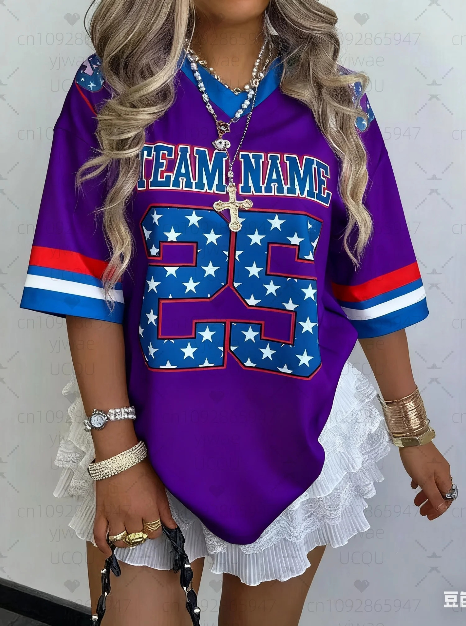 Summer Women Number 25 Print V-Neck Short Sleeve T-Shirt Summer Tee Baseball s Stripe Oversized Sport T-Shirt 251231