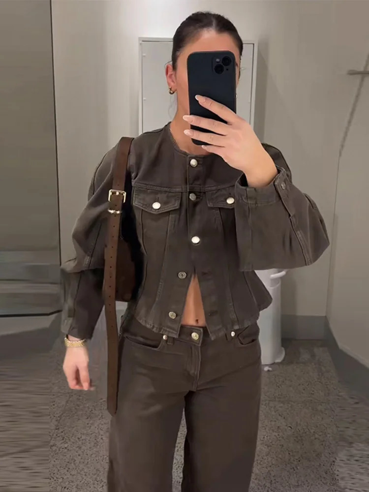 Chic Denim Jacket Long Pant Womans Set Classic Brown Single Breasted Jackets Low Waist Trousers Sets Female Street Outfits 251219 - view 3
