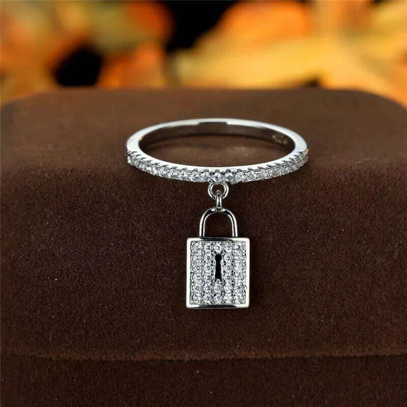 Luxury Female Crystal Lock Pendant Ring Trendy Gold Silver Color Engagement Jewelry Charm White Zircon Wedding Rings For Women