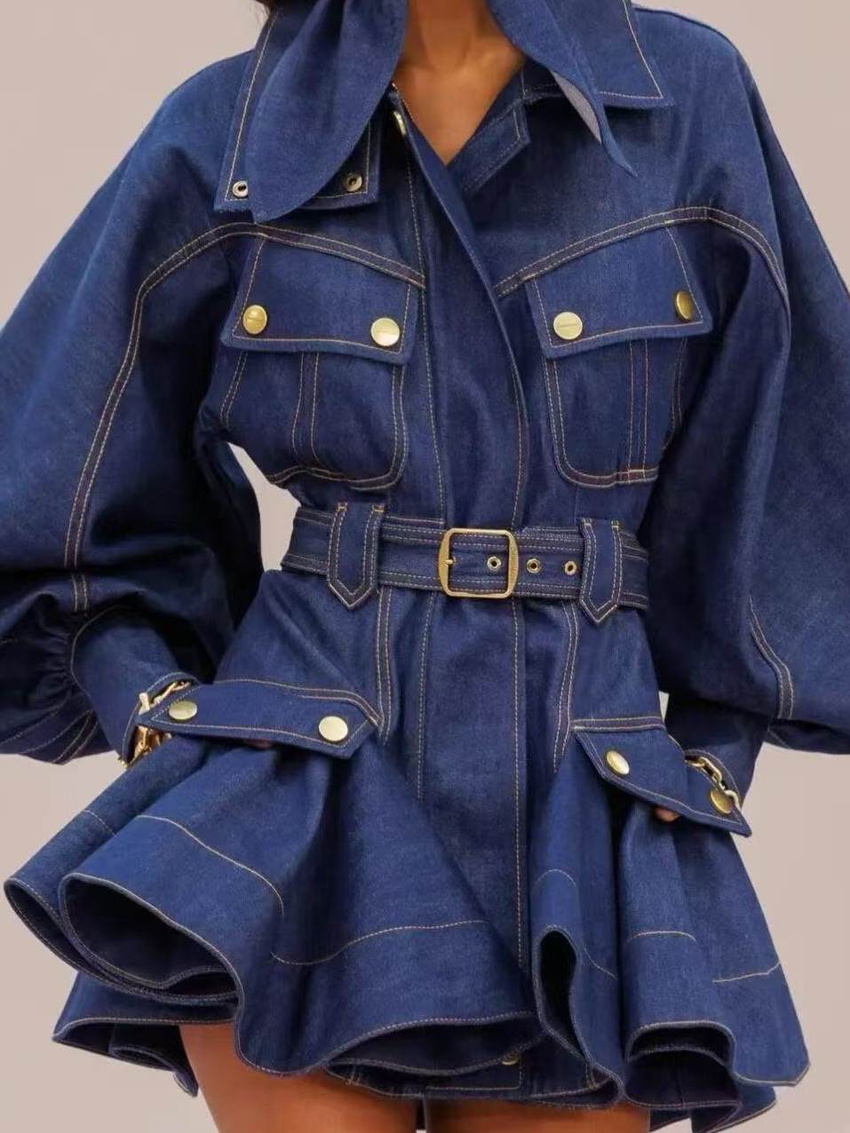 Light luxury 2026 spring/summer ready to wear fashion show lantern sleeves denim belt waist cinched fluffy mini dress
