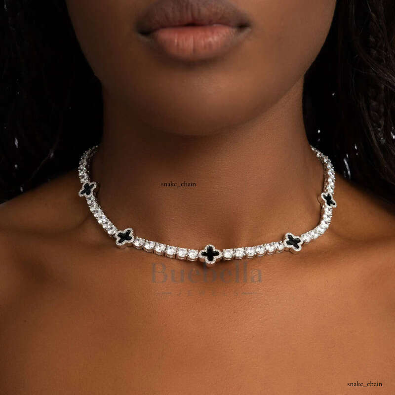 14k White Gold Plated 925 Silver Exquisite 12mm Miami Cuban Necklace Black Clover Tennis Chain VVS Moissanite Jewelry