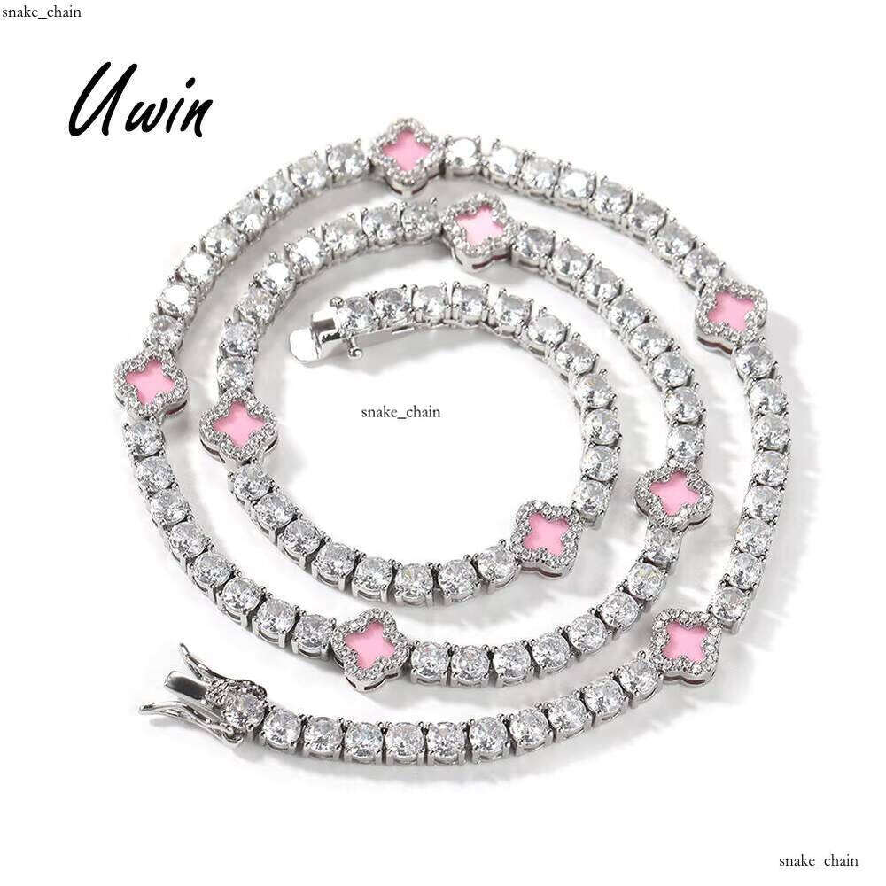 VVS Moissanite UWIN Mini Pink Gold-Plated 4-Leaf Clover 4mm Iced Tennis Chain Necklace Fashion Jewelry 54
