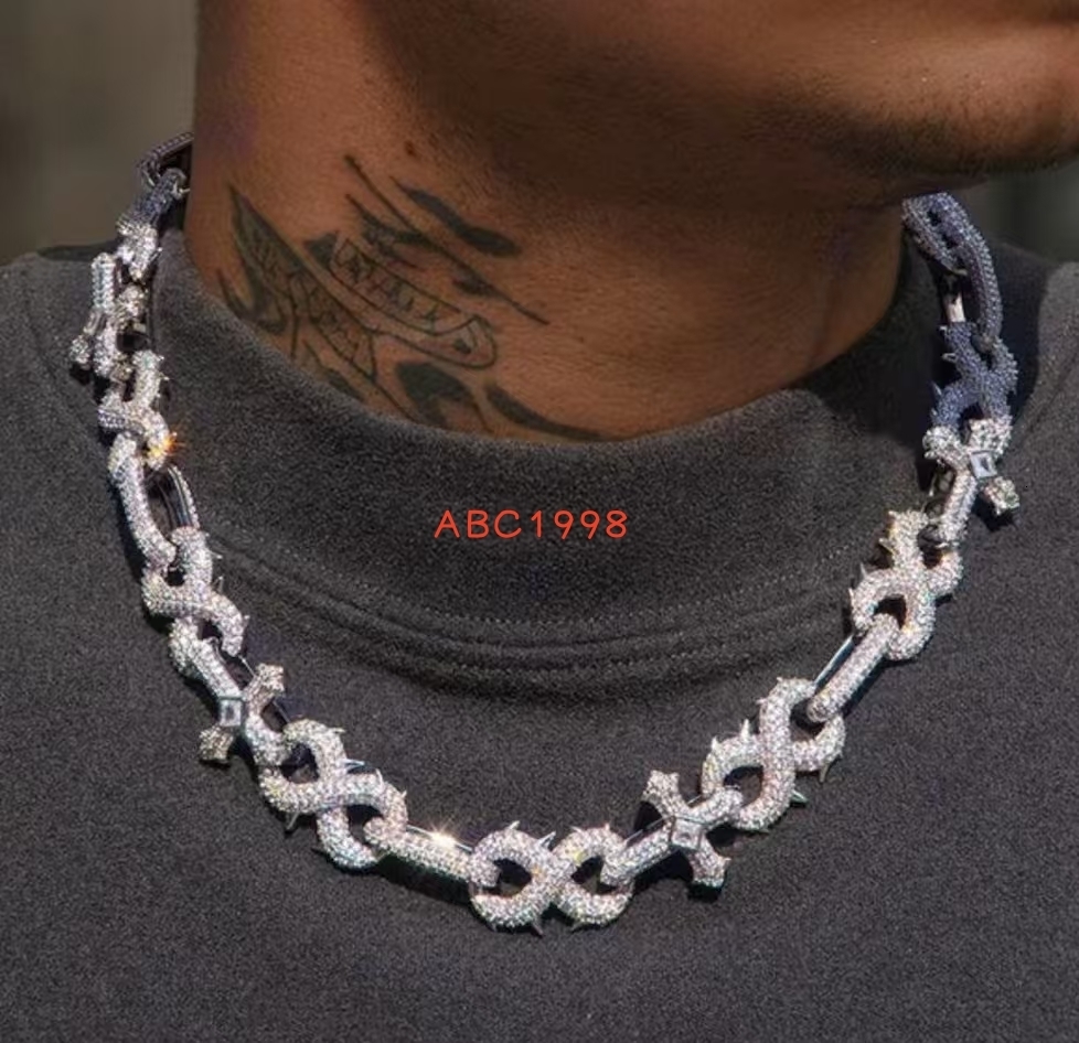 925 Sterling Silver Punk Number 8 Spiked VVS D Color Moissanite Cuban Cross Link Chain Necklace for Certified Bezel Set