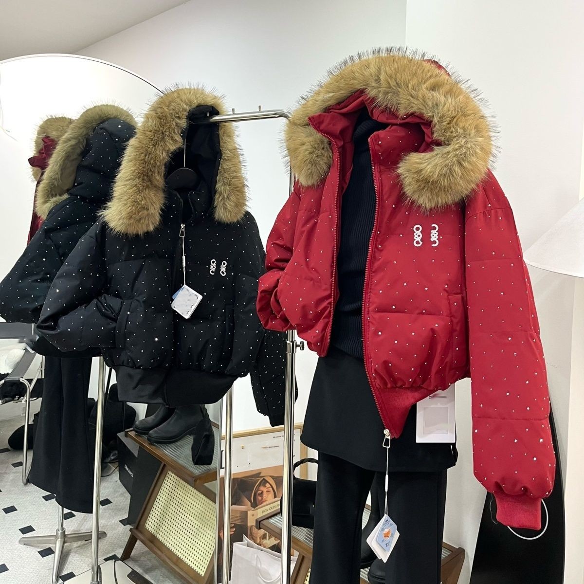 Women winter faux fur hooded rhinestone logo letter patchwork cotton padded warm designer jackets parka coats ML