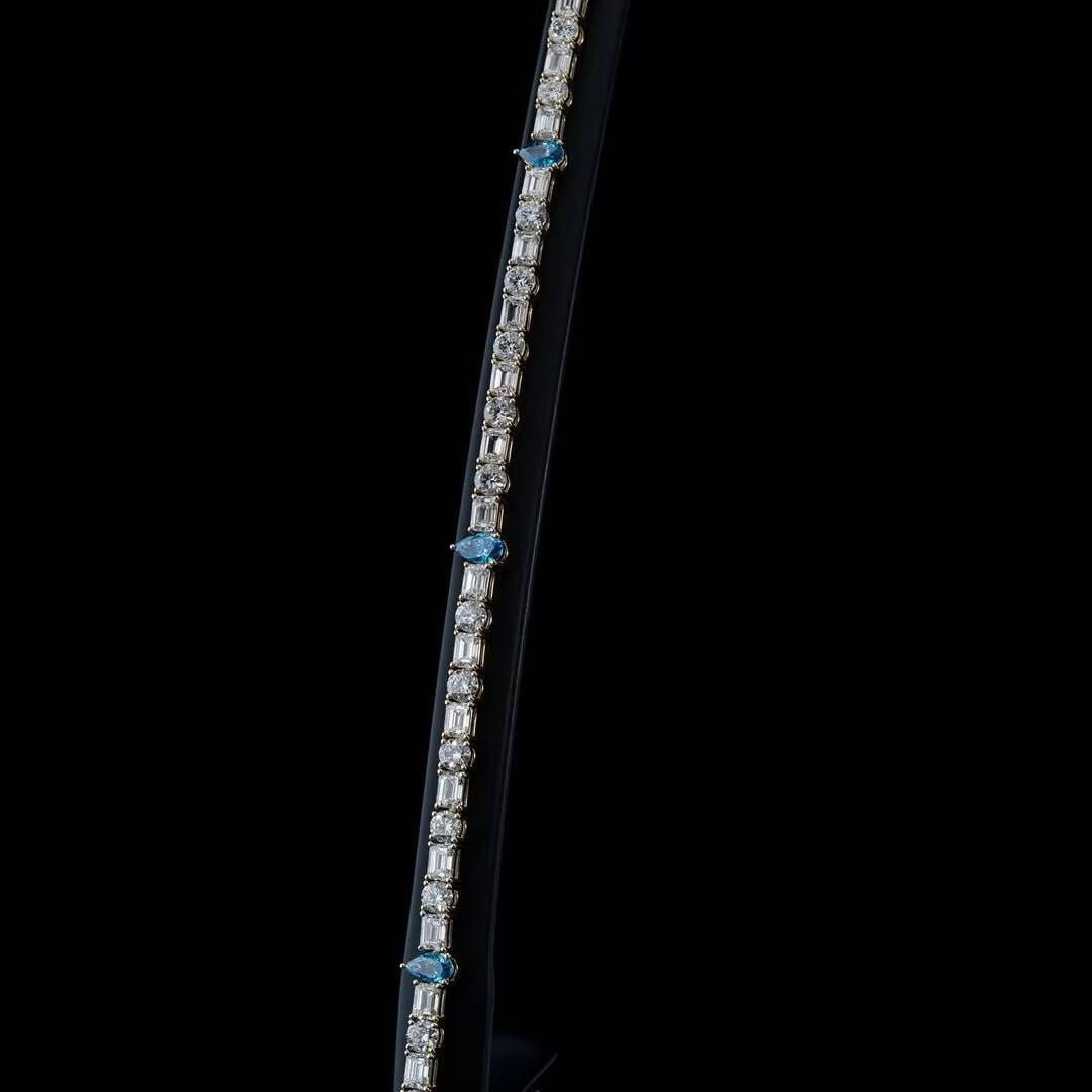 Blue Pear Moissanite Tennis Chain Necklace Round and Baguette Cut 925 Sterling Silver Jewelry for Men and Women