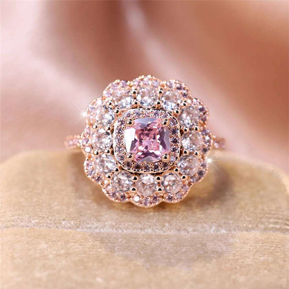 Luxury Female White Pink Square Flower Round Zircon Stone Ring Rose Gold Color Dainty Gift Party Wedding Jewelry For Women