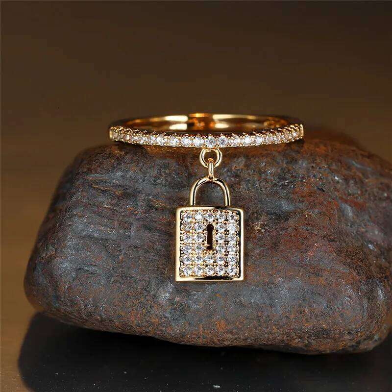 Luxury Female Crystal Lock Pendant Ring Trendy Gold Silver Color Engagement Jewelry Charm White Zircon Wedding Rings For Women
