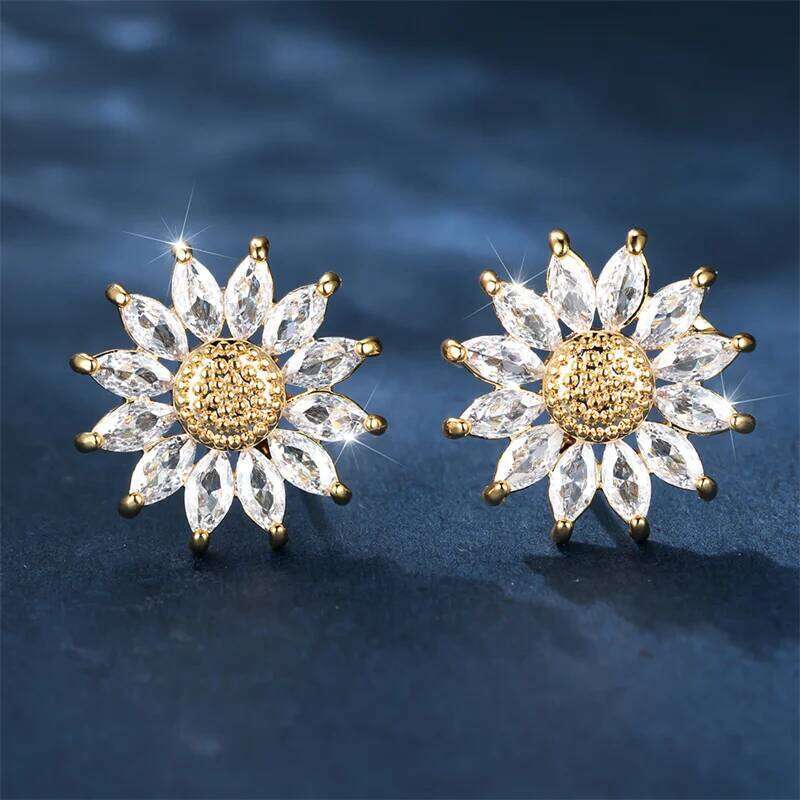 Luxury Female White Crystal Stud Yellow Gold Color Jewelry For Women Charm Round Sunflower Earrings