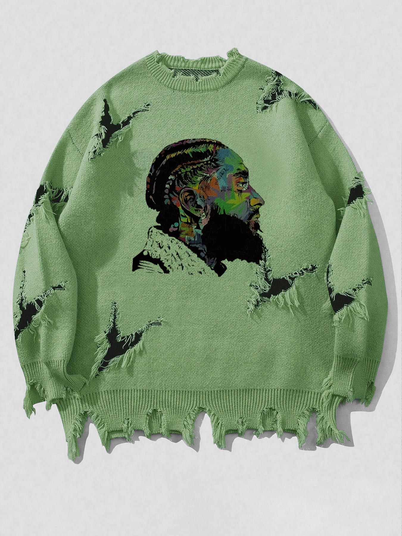 WOZK men's trendy brand ripped sweater long sleeved men's autumn and winter American retro knitted sweater designer