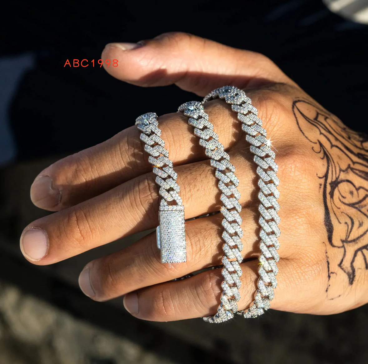 10MM Solid 925 Silver Hip Hop Cuban Link Chain 18K Gold Plated with Studded VVS1 Moissanite Diamond Passes Tester 16-30 Inches