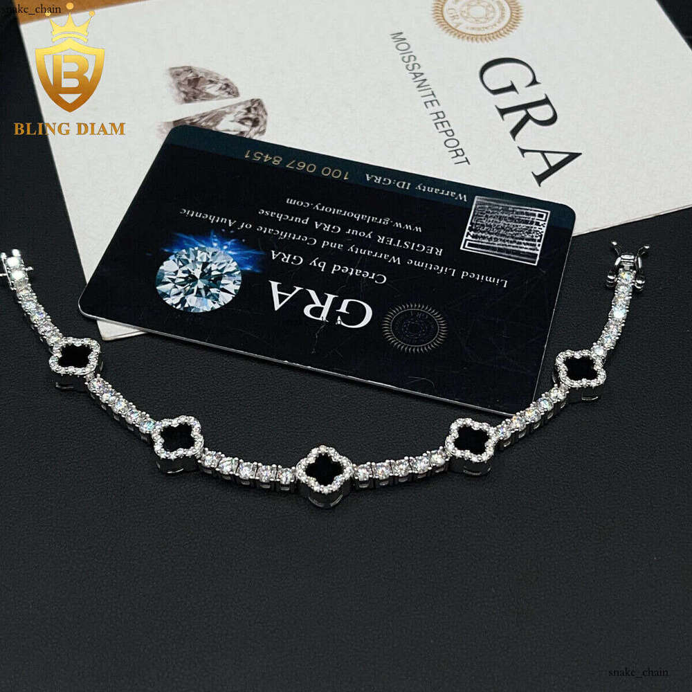 Fashion Black Clover Tennis Chain 925 Silver 3mm VVS Moissanite Pass Diamond test Hip Hop Bracelet 02