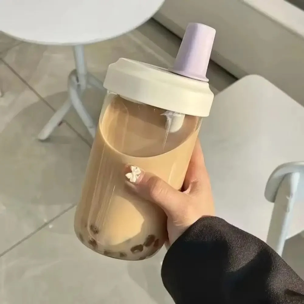 500/850ml Cute Pearl Milk Tea Straw Plastic Water Bottle With Cup Cover Bubble Coffee Cups Drop-proof Large Capacity Drinkware 251231
