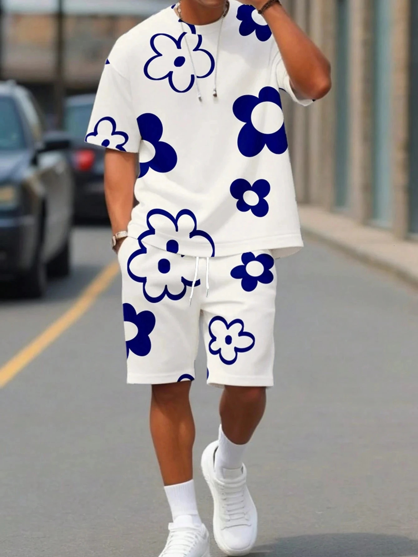 Fashion Mens Black and White Flower Graphic Print Tshirt Shorts 2piece Set Oneck Short Sleeve Top Elastic Waist 251231 - view 4