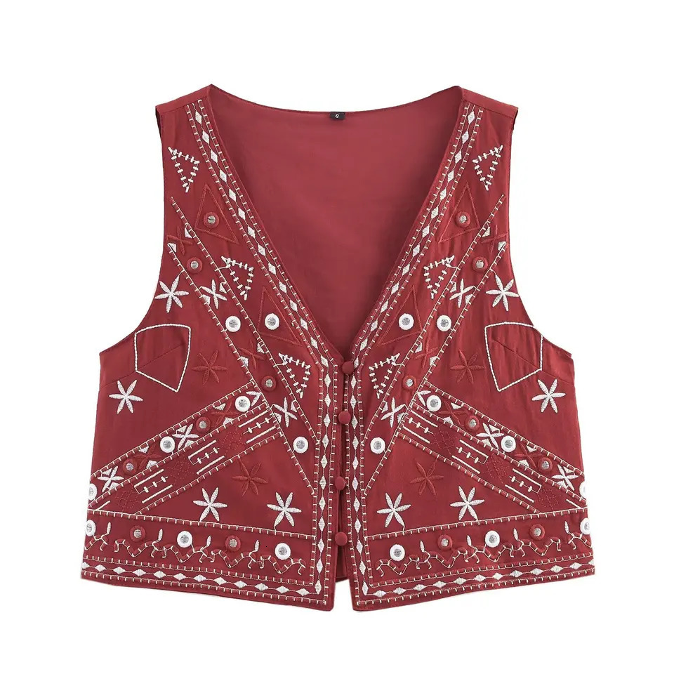 KONDALA Casual Chic Red Embroidery Women Suit V Neck Sleeveless Vest Wide Leg Shorts Fashion Summer Boho Sets 251231