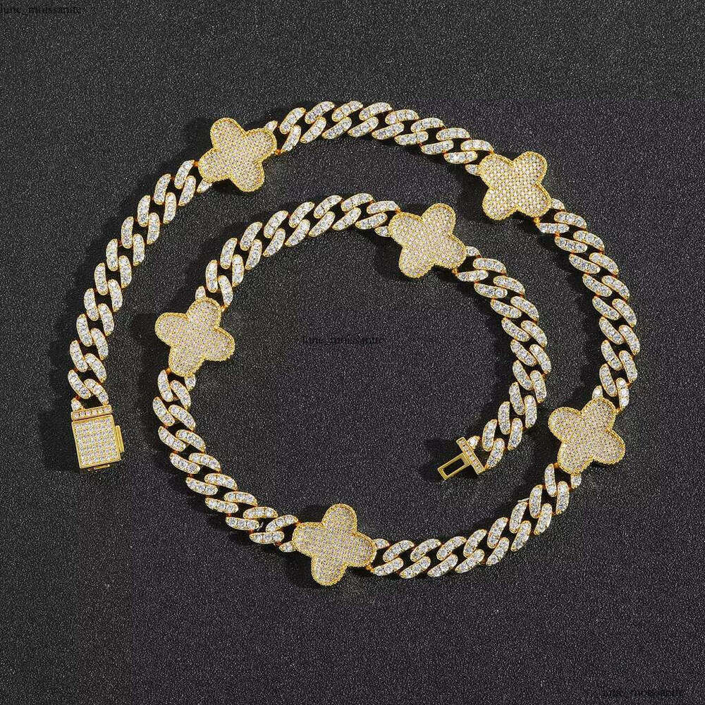 VVS Moissanite BES Fashion Hip-Hop Jewelry Gold-Plated Iced Out Thin Cuban Chain Four-Leaf Clover Necklace