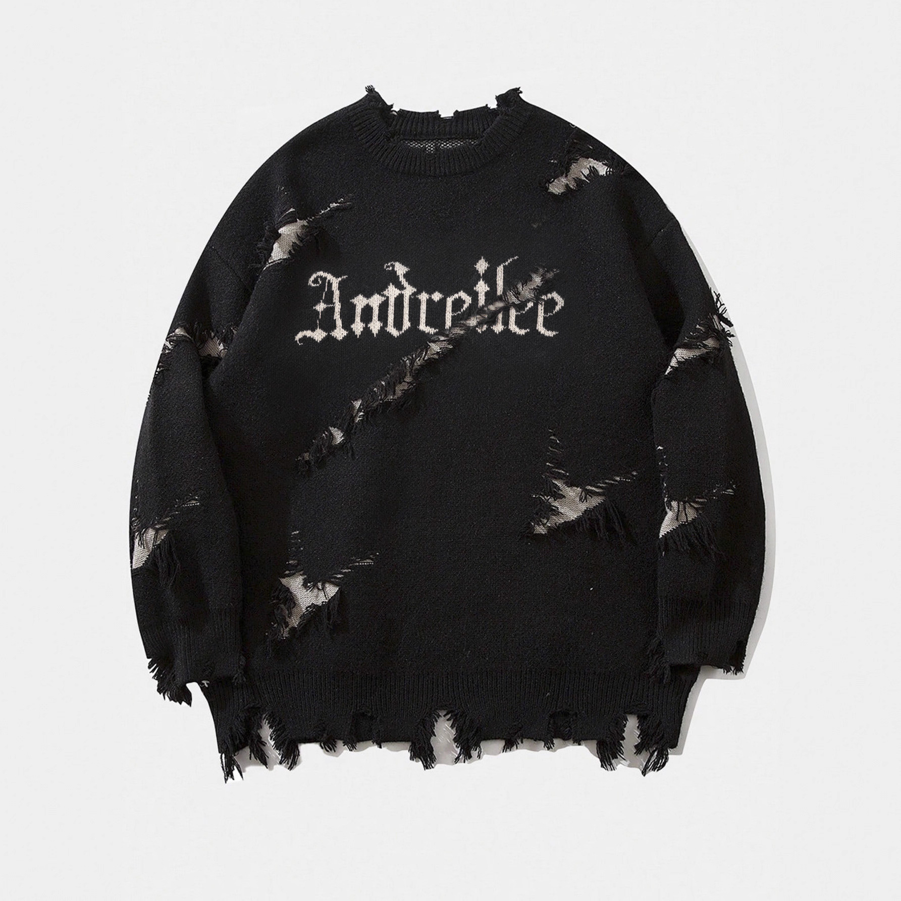 WOZK men's ripped sweater, autumn and winter distressed, letter jacquard knit sweater, top trendy