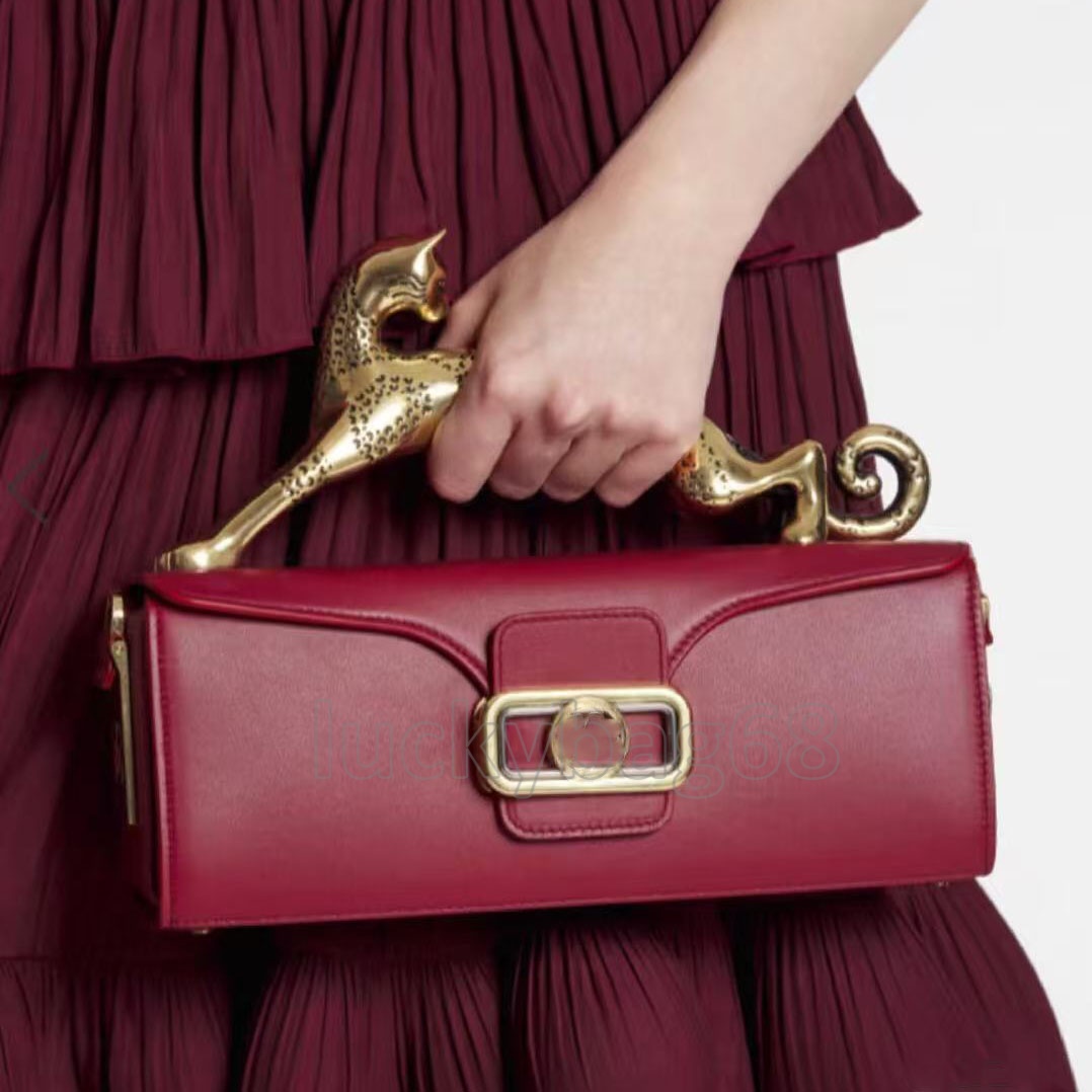 10a Designer Pencil Bag Leopard Handle Woman Bag Clutch Bag Evening Bag Square Real Leather Shoulder Bags Crossbody Bag Metal Handle Cat Bag Purse Handbag