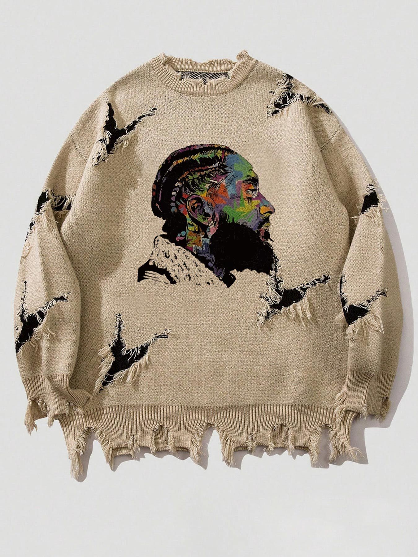 WOZK men's trendy brand ripped sweater long sleeved men's autumn and winter American retro knitted sweater