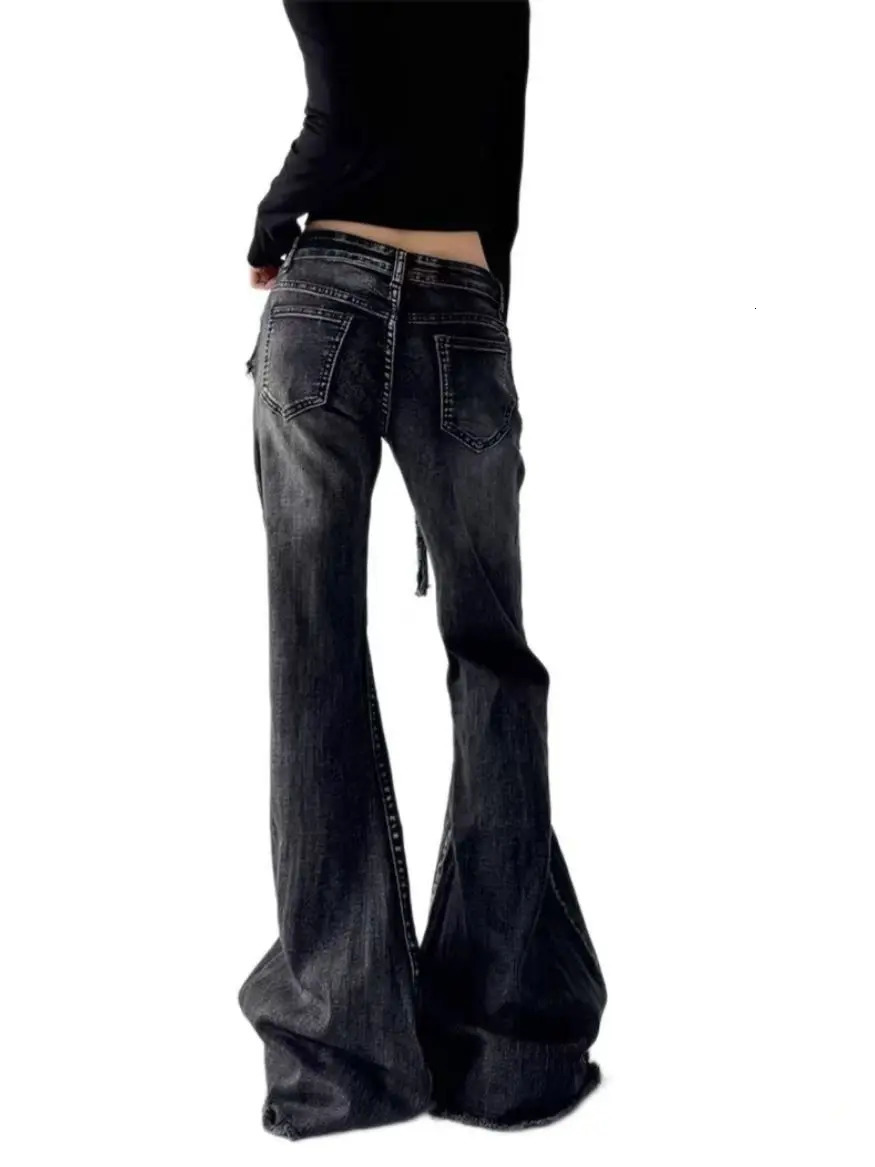 retro micro-flare women jeans ins fashionable streetwear girl style belt bristled slim straight pants 260120