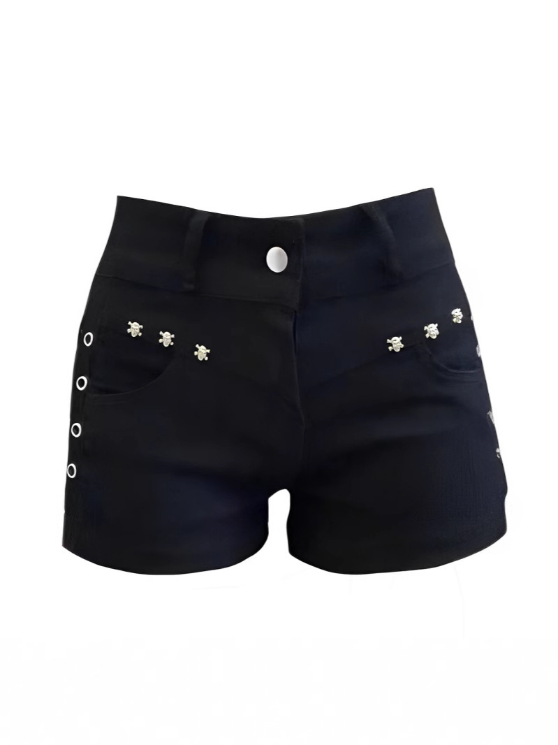 Women's Edgy Black American Rivet Design Low-Rise Denim Micro Shorts - Summer Slim-Fit A-Line New Hot Pants