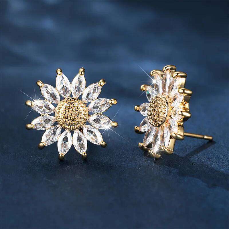 Luxury Female White Crystal Stud Yellow Gold Color Jewelry For Women Charm Round Sunflower Earrings