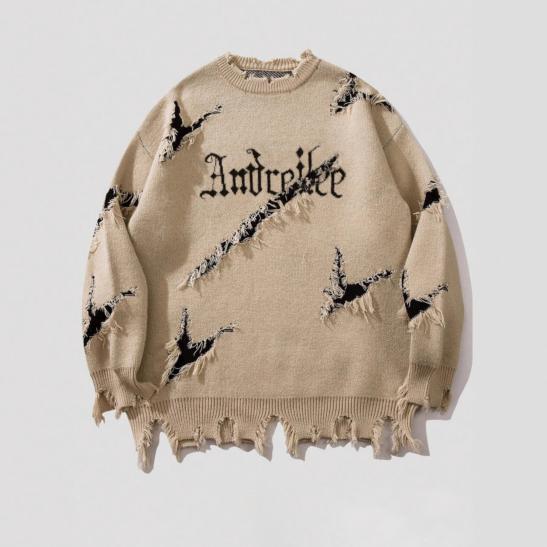 WOZK men's ripped sweater, autumn and winter distressed, letter jacquard knit sweater, top trendy