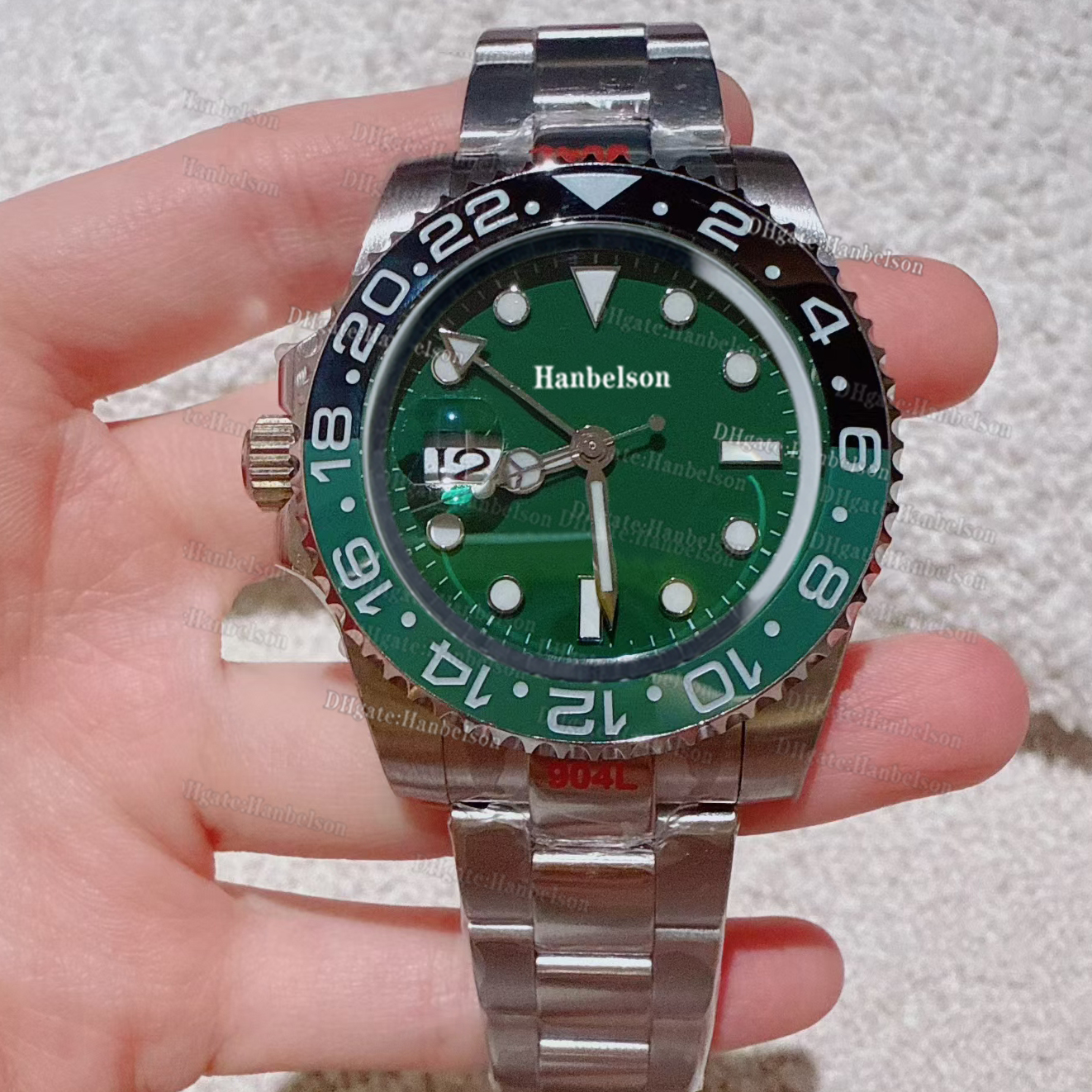 Mens Professional Watch Automatic Movement Green Ceramic Bezel 904L Steel Bracelet Independent Hour Hand 40mm Wristwatch