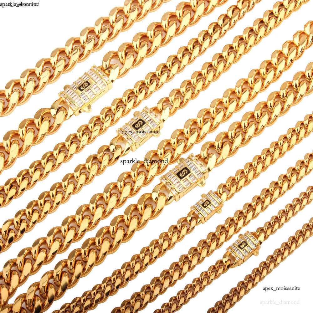 6mm-14mm Hip Hop Stainless Steel Miami Cuban Link Chain 18K Real Gold Plated T Zircon Clasp Mens Necklace Jewelry ca