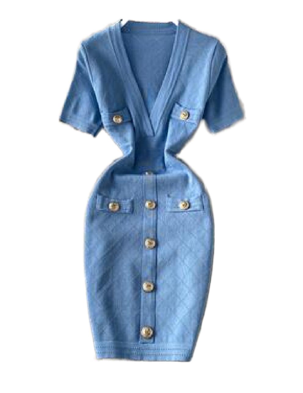 Design women short sleeve high waist knitted buttons patched pencil short dress