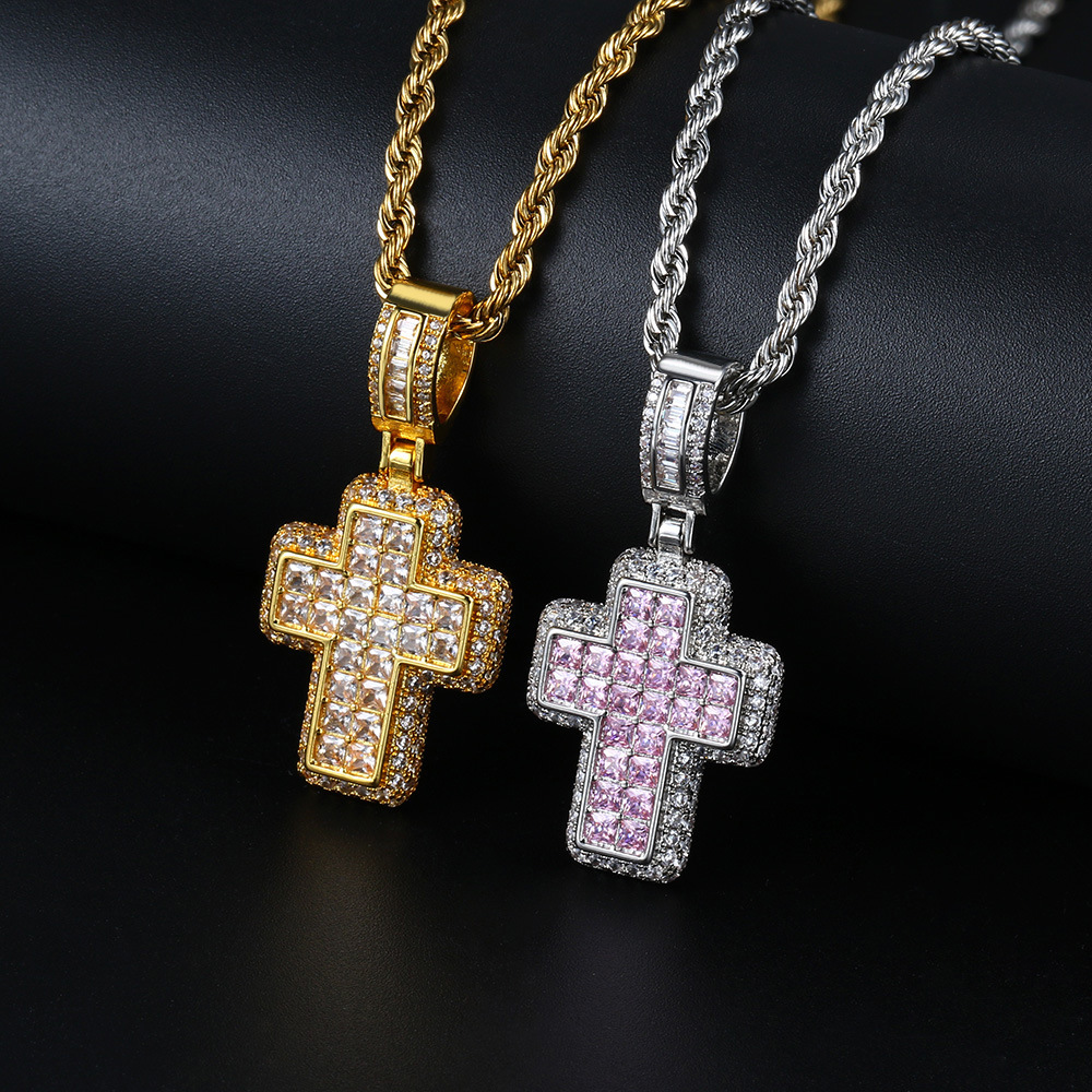 Shining Diamond Stone Cross Pendants Necklace Jewelry 18K Real Gold Plated Bling Men Women Jewelry Gift