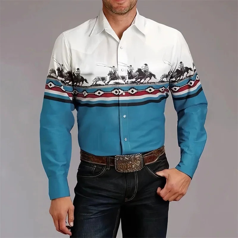 Mens Western Cowboy Style Ethnic Geometric Print Shirt Vintage LongSleeve Lapel Fashion Casual Top Sizes S6XL 251230