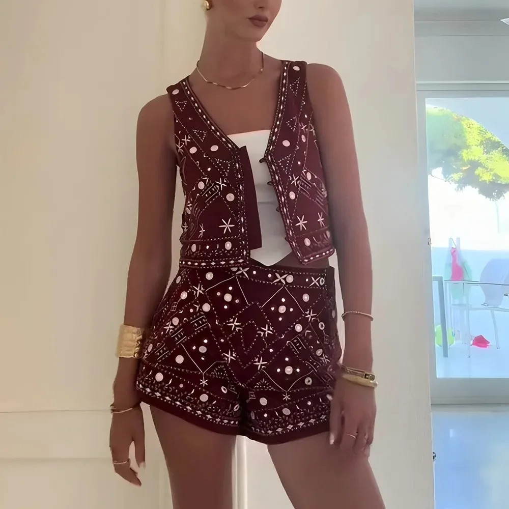 KONDALA Casual Chic Red Embroidery Women Suit V Neck Sleeveless Vest Wide Leg Shorts Fashion Summer Boho Sets 251231